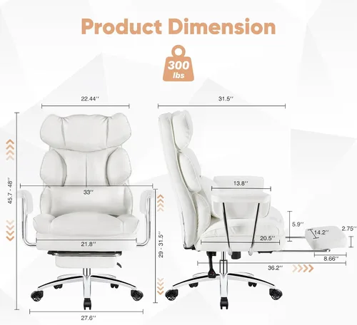 Miniatura 3 de Silla de oficina ejecutiva Sweetcrispy para casa y oficina - Ergonómica, grande, alta, con respaldo alto con reposapiés y soporte lumbar, Blanco