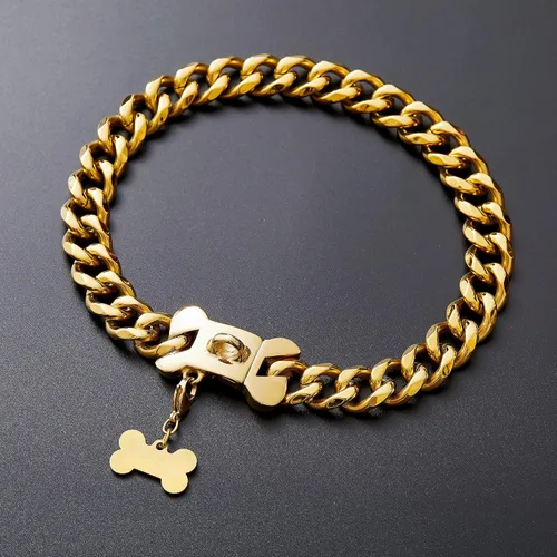 Miniatura 5 de Collar de acero inoxidable dorado para perros pequeños, medianos y grandes, collar de perro Bulldog francés con seguridad