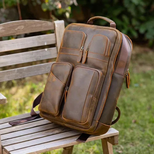 Miniatura 2 de Mochila de cuero de grano completo para hombres, mochila de viaje para laptop de 17.3 pulgadas, mochila con múltiples bolsillos con cremalleras YKK
