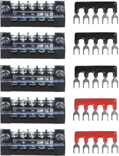 Miniatura 11 de 8 piezas (4 conjuntos) Bloques de tira de terminal de tornillo de doble hilera de 8 posiciones 600V 25A con cubierta + tira de barrera de terminales