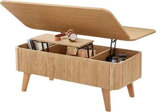 Miniatura 9 de Mesa de centro 3 en 1 con tapa elevable, mesas de centro convertibles acanaladas que se convierten en mesas de comedor, moderna mesa central