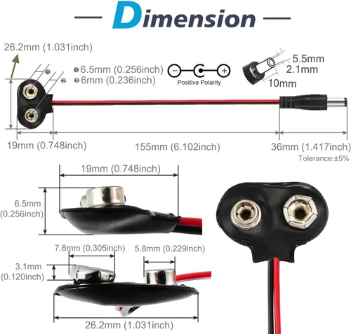 Miniatura 2 de CHANZON UL Wires 9 V Conector de batería Arduino Power Clip de cuero con centro positivo 0.083 in x 0.217 in Macho 5 Pack Jack T-Type para Arduino