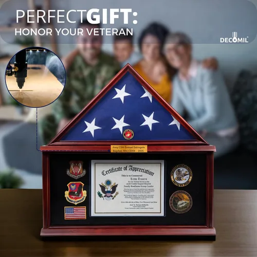 Miniatura 4 de DECOMIL - Marco grande de caja de sombra militar, vitrina conmemorativa de entierro funerario para bandera de 5 x 9, madera maciza con placa