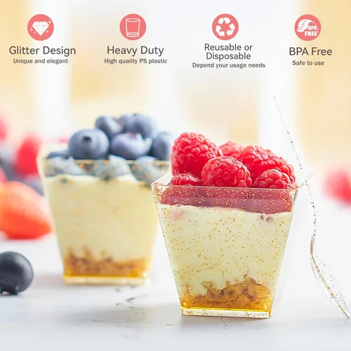 Miniatura 3 de Mini tazas de postre con purpurina dorada de 3.5 onzas con cucharas, paquete de 50 tazas de postre de plástico dorado para postres pequeños