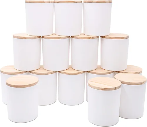 SHOWIN Frascos de vela gruesos de 10 onzas para hacer velas 15 piezas, frascos vacíos con tapas de madera para hacer velas, contenedor de muestra,