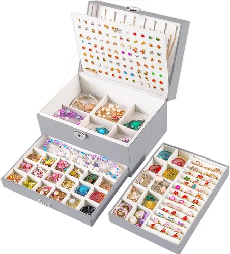 Miniatura 19 de Joyero de pendientes para mujeres y niñas, organizador de aretes de 5 capas, caja organizadora de joyas blanca con candado, collares y aretes