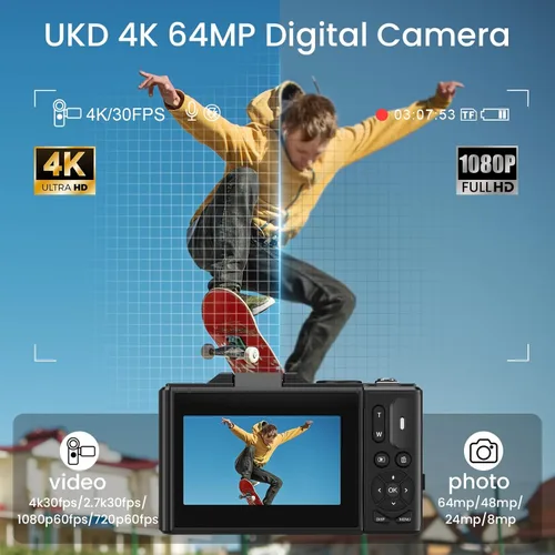 Miniatura 4 de Cámara digital 4K para fotografía, enfoque automático antivibraciones de 64 MP para YouTube, pantalla abatible de 180° de 3 pulgadas, cámara
