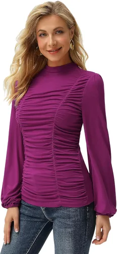 Miniatura 2 de Blusa entallada GRACE KARIN para mujer, diseño de manga acampanada, con cuello alto y frente fruncido.