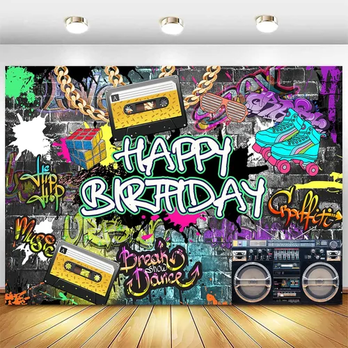 Miniatura 2 de InMemory Graffiti Hip Hop - Fondo de cumpleaños retro urbano para pared de ladrillo con cadena dorada, cinta grabadora de disco rock punk música