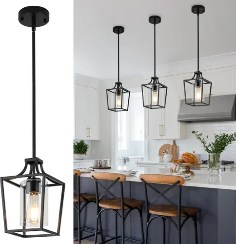 Miniatura 9 de Lámpara colgante de farol, lámparas colgantes negras, 3 luces colgantes de farol negro, 9.4 pulgadas, iluminación colgante ajustable de granja