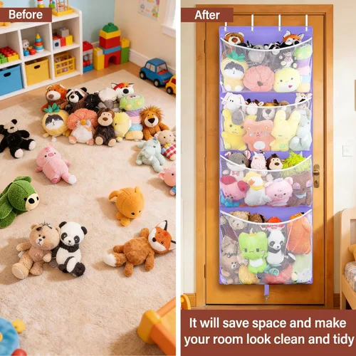 Miniatura 3 de Woodoulogy Almacenamiento de animales de peluche colgantes, organizador grande de juguetes de felpa con gancho de metal, soporte para accesorios