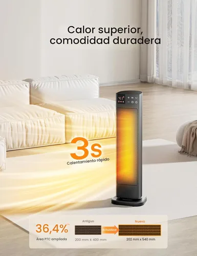 Miniatura 2 de PELONIS Calentador de espacio interior de torre de cerámica oscilante para el hogar con oscilación, termostato programable y modo ECO, temporizador
