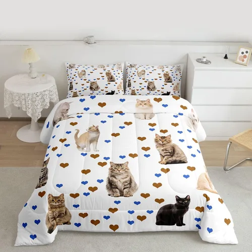 Miniatura 9 de Feelyou Juego de edredón para niños, diseño de gatos de dibujos animados, tamaño twin, lindo juego de ropa de cama de gatitos para adolescentes