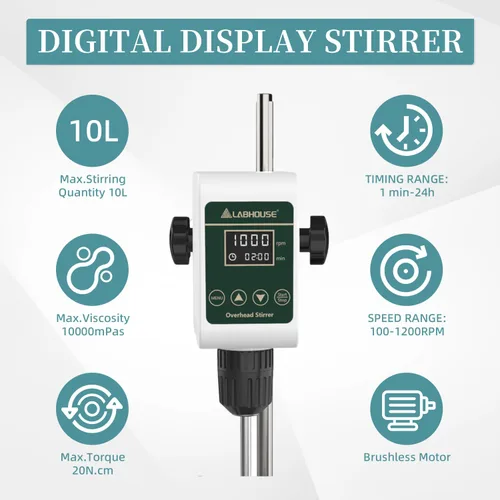 Miniatura 2 de Agitador digital OS-5S de 10L (H₂O), soporte de acero inoxidable de base plana y 2 paletas de agitación y soporte para vaso de precipitados