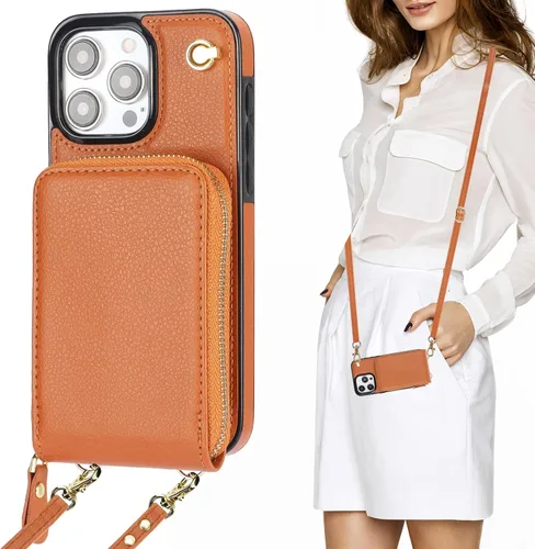 Miniatura 12 de KIHUWEY Funda tipo cartera cruzada para iPhone 15 Pro Max, funda con bolsillo con cremallera y soporte para tarjetas, funda protectora de piel Rojo