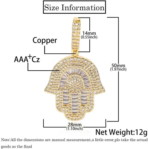 Miniatura 2 de Collar Hip Hop Hamsa para hombre, colgante de mano Hamsa de oro blanco de 18 quilates para mujer