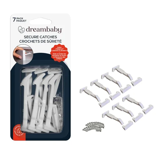 Dreambaby Pestillos seguros para cajones y armarios, paquete de 7, cerraduras de seguridad para bebés a prueba de niños para cajón interior