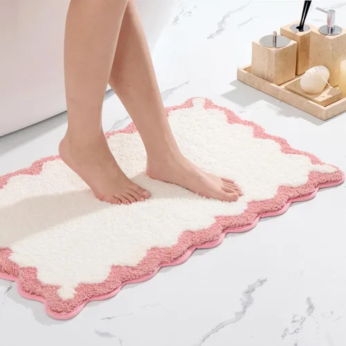 Miniatura 24 de ORTIGIA Pequeña y Linda Alfombra de Baño con Volados, Alfombras de Baño de Microfibra de Lujo en Blanco y Rosa, Antideslizante, Lavable, de Secado