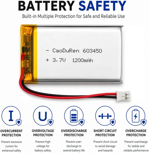 Miniatura 4 de Batería recargable de iones de polímero de litio Li Lipo de 3.7V con conector JST de 2 pines 0.079 in (603450 1100mAh)