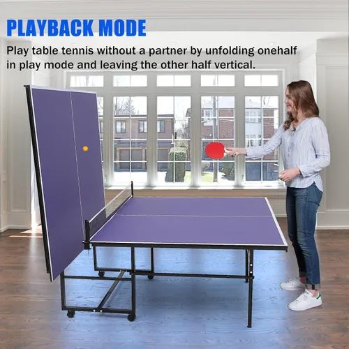 Miniatura 4 de Mesa de ping pong portátil, 9 pies mesa de tenis de mesa profesional para interiores y exteriores con red para adultos/adolescentes, 2 paletas
