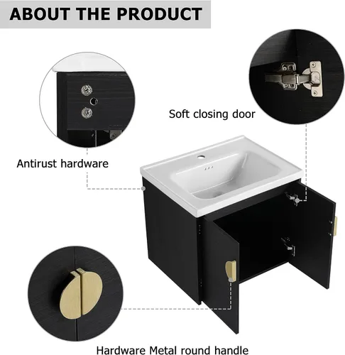 Miniatura 6 de Juego de tocador de baño de 24 pulgadas con lavabo montado en la pared, moderno juego de tocador de baño con lavabo de cerámica blanca y mango