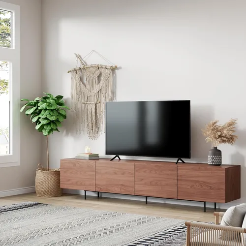 Miniatura 12 de Soporte de TV moderno de mediados de siglo, consola negra de 94.5 pulgadas para televisores de 65 a 85 pulgadas, 4 puertas de gabinete con 6