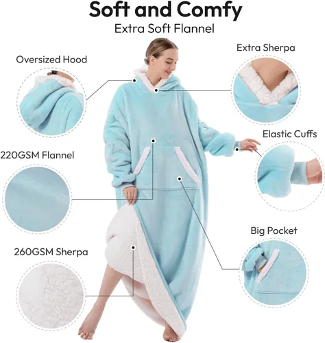 Miniatura 2 de Sioloc - Manta con capucha de gran tamaño para mujeres/niños/hombres, sudadera con capucha y forro de sherpa súper acogedora (Azul bebé, gran tamaño)