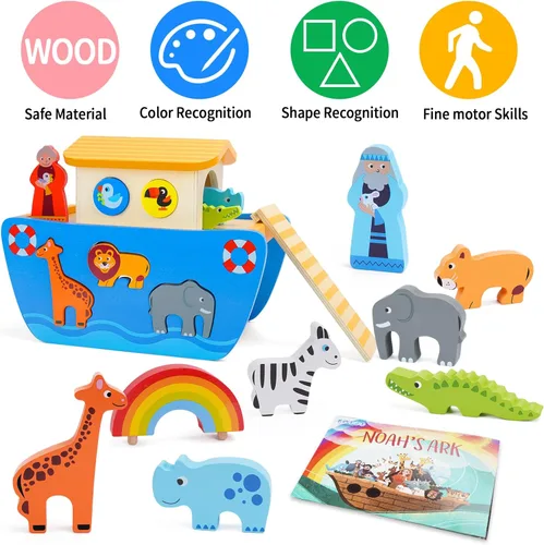 Miniatura 8 de KMTJT Juego de animales de juguete de madera del arca de Noé para niños pequeños, regalos de bautismo para niños de 1, 2, 3, clasificador de formas