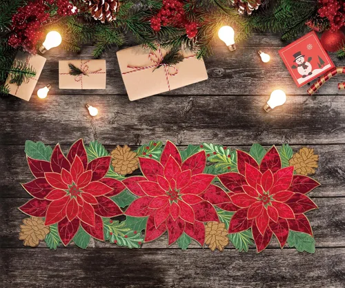 Miniatura 6 de KEVA Camino de Mesa Navideño de Navidad, Camino de Mesa de Terciopelo Bordado con Calados de Flor de Pascua Roja, Decoraciones Navideñas