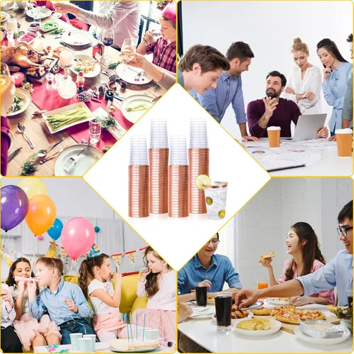 Miniatura 7 de Vplus Paquete de 150 vasos de plástico transparente reutilizables con borde de oro rosa de 12 onzas, vasos desechables de plástico resistentes