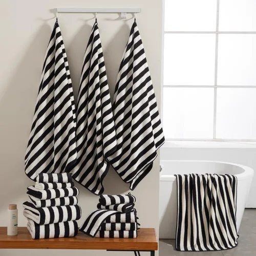 Miniatura 2 de Juego de 18 toallas de baño de rayas color blanco y negro con lazo para colgar, 6 toallas de baño, 6 toallas de mano, 6 toallas familiares, juego