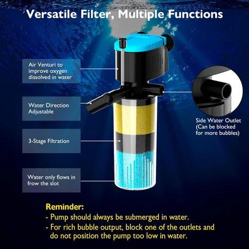 Miniatura 4 de AquaMiracle Filtro sumergible para acuario de 3 etapas en tanque con doble salida de agua y aireación, filtro interno de tanque de peces de 130 GPH