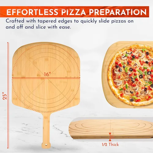 Miniatura 5 de Pizarra de madera de 16 pulgadas con tamaños grabados, tabla de cortar de pizza de bambú multiusos, cáscara de pizza de madera, espátula de pizza