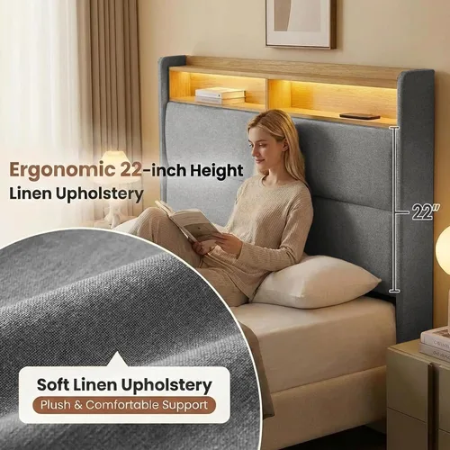 Miniatura 4 de Base de cama matrimonial con cabecera de almacenamiento con respaldo alado de 51.8 pulgadas, plataforma tapizada gris con estación de carga (tipo C)
