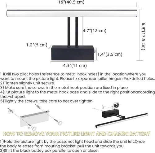 Miniatura 5 de Luz para Cuadros, Luz para Cuadros de 16" con Batería AA, Luz para Marco de Cuadros de Metal Completo, Luces Inalámbricas para Cuadros con Control