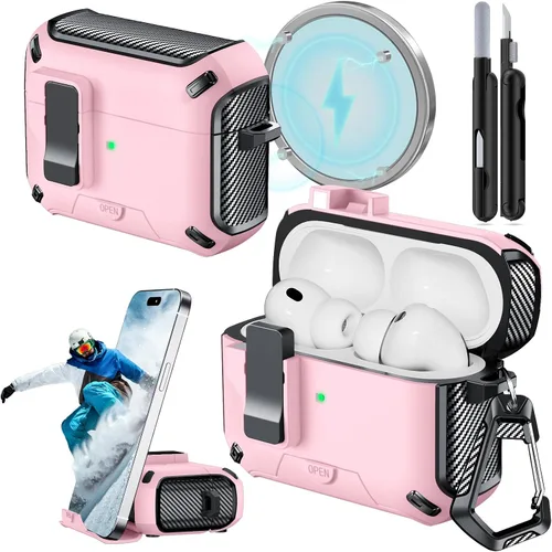 Miniatura 18 de Funda para AirPods Pro 2 (2023/2022/2019) con soporte para teléfono, (con interruptor a presión automático), diseño de fibra de carbono, cubierta