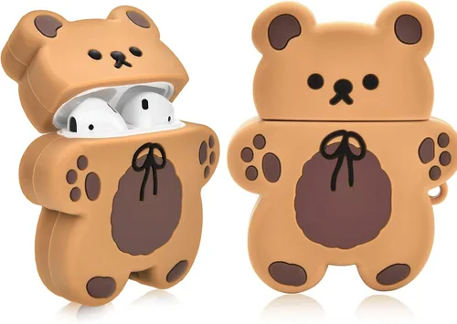Miniatura 3 de Lindas fundas para AirPods con llavero de oso de dibujos animados, diseño de oso de galleta, funda de silicona protectora completa compatible