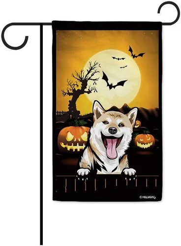 Miniatura 43 de Bandera de jardín de calabaza de Feliz Halloween Jack O'Lantern con perro Rhodesian Ridgeback Halloween Bat Boo Bandera decorativa para patio al