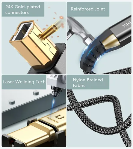 Miniatura 7 de Cable de impresora USB-A/C a USB-B 2 en 1 [paquete de 2, 6.6 pies] USB C MIDI cable trenzado de nailon de alta velocidad para MacBook Pro/Air, Negro