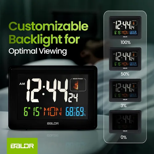 Miniatura 6 de BALDR Relojes Atómicos para Dormitorios Pantalla Digital Grande - Negro - Reloj de Escritorio con Temperatura Interior y Humedad, Reloj de Mesa