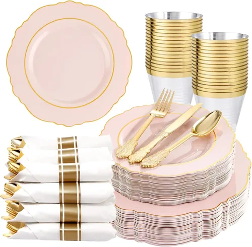Miniatura 15 de Liacere 175 piezas Platos de Plástico Dorados - Blancos y Dorados Desechables, 50 PIEZAS Platos de Plástico para Cena, Perfectos para Bodas