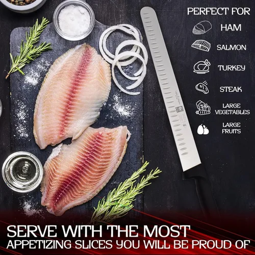 Miniatura 3 de Cuchillo Granton Edge de 12 pulgadas, pavo, salmón, jamón, rebanador de carne. Certificado NSF, acero alemán, instrucciones de afilado de cuchillo