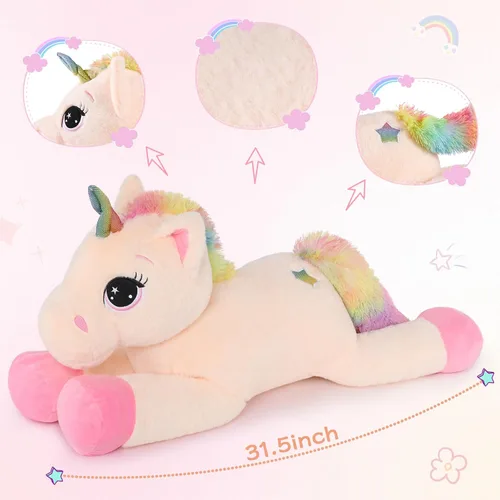 Miniatura 5 de Tezituor Juguetes de unicornio de peluche de 32 pulgadas, animales de unicornio gigante beige de peluche, encantadoras decoraciones de peluche