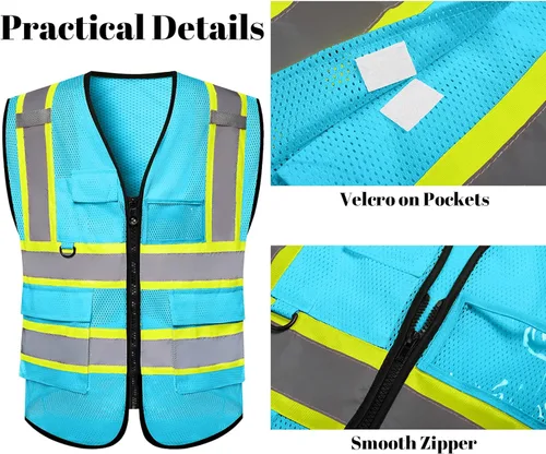 Miniatura 5 de Chaleco de seguridad de malla personalizado con LOGOTIPO Chaleco reflectante de alta visibilidad con 5 bolsillos y cremallera Azul personalizado