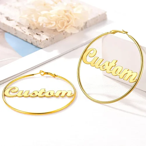 Miniatura 8 de FOCALOOK 18K Gold Plated Lightweight Thin Hoops Custom Name Hoop Huggie Earrings for Women 30405070100mm