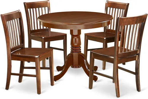 East West Furniture ANNO5-MAH-W - Juego de comedor de 5 piezas que incluye una mesa de comedor redonda con pedestal y 4 sillas de asiento de madera,