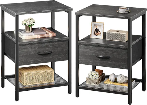 Miniatura 11 de Huuger Mesita de noche con cajón de tela, mesa auxiliar con estante de malla, mesita de noche para dormitorio, cómoda de cajones de tela, estante