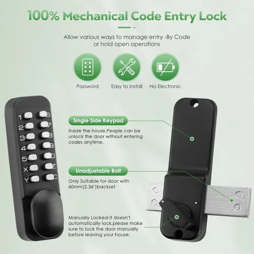 Miniatura 4 de Cerradura de perilla de puerta de entrada con teclado mecánico sin llave con perno, combinación de código de acceso de un solo lado, cerradura Mate.
