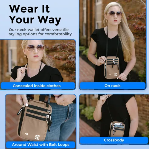 Miniatura 6 de Cartera para el cuello para viajes y pasaporte con bloqueo RFID, delgada y fácil de ocultar, bolsa de viaje de nailon para hombres y mujeres
