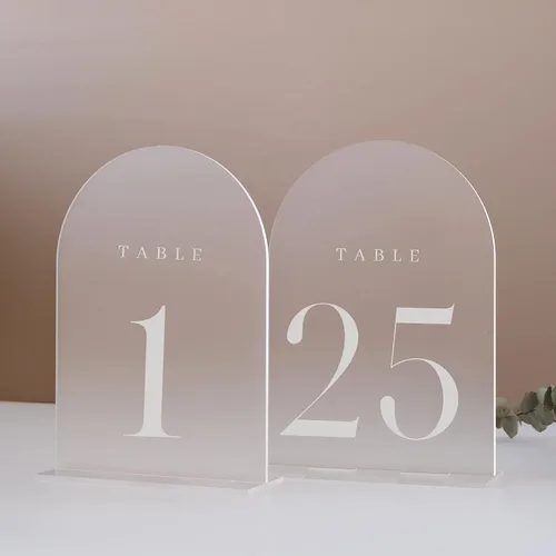 Miniatura 17 de Números de mesa de arco esmerilado para recepción de boda, paquete de 10 piezas de 5x7" Signos acrílicos de arco esmerilado con soporte, números